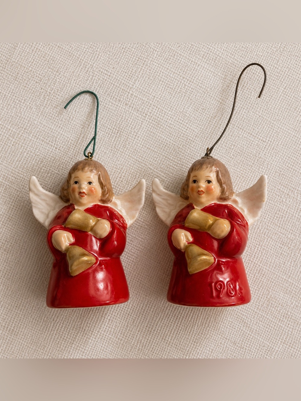 (2) Goebel Angel Bell Christmas Tree Ornaments  - Red, Hand Bells